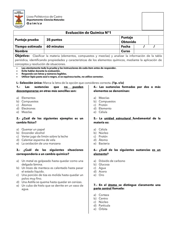 Prueba Clasificación de Materia, Átomos y Tabla Periódica