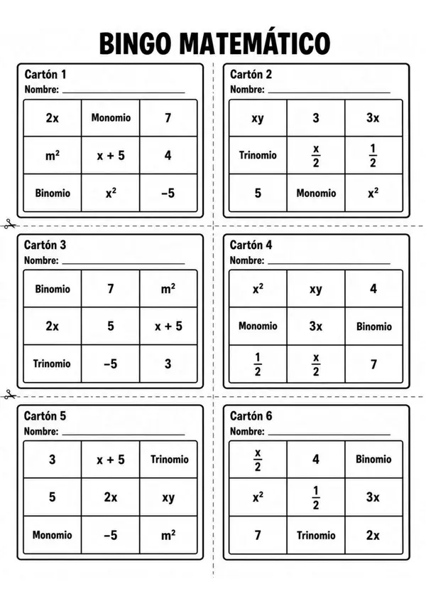 Bingo Matemático: Expresiones Algebraicas | Lenguaje Algebraico | 6º. 7.º 8.º Básico