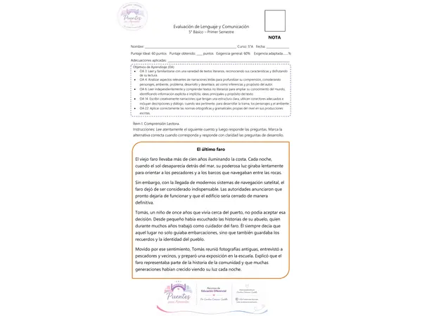 Evaluación de Lenguaje y Comunicación 5° Básico | Primer Semestre