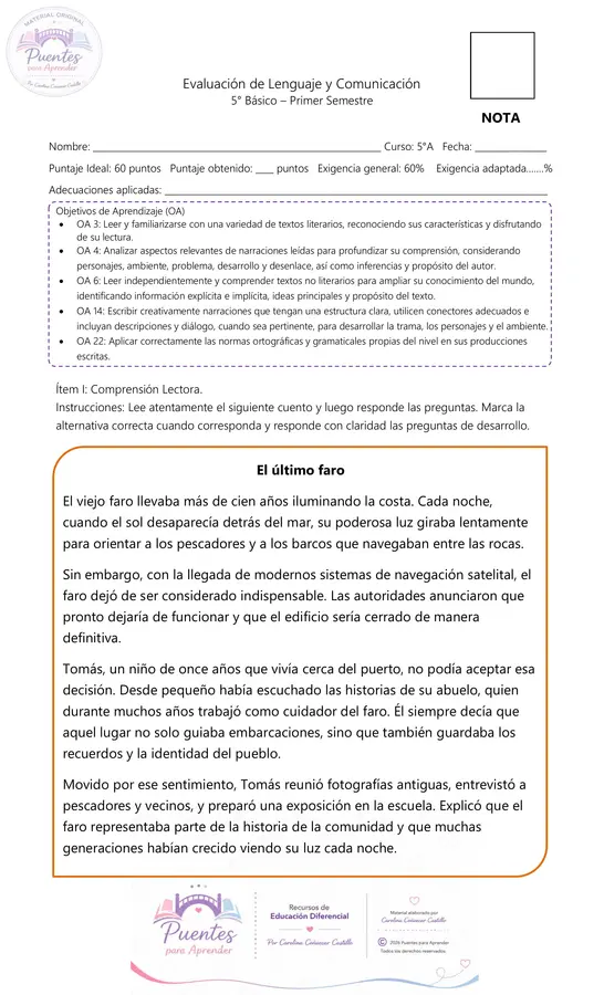 Evaluación de Lenguaje y Comunicación 5° Básico | Primer Semestre