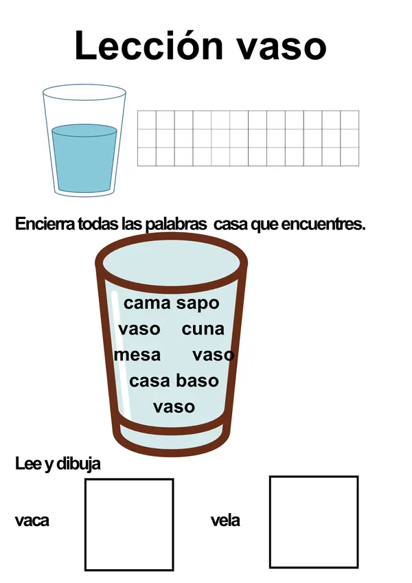 Repaso lección cocina, vaso, hijo, muñeca