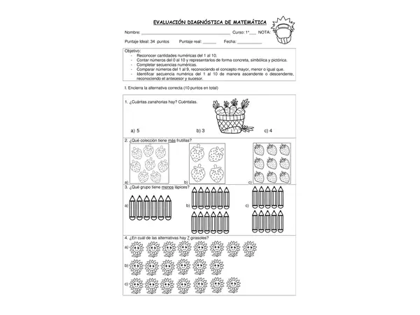 EVALUACIÓN DIAGNÓSTICA DE MATEMÁTICA - primero básico