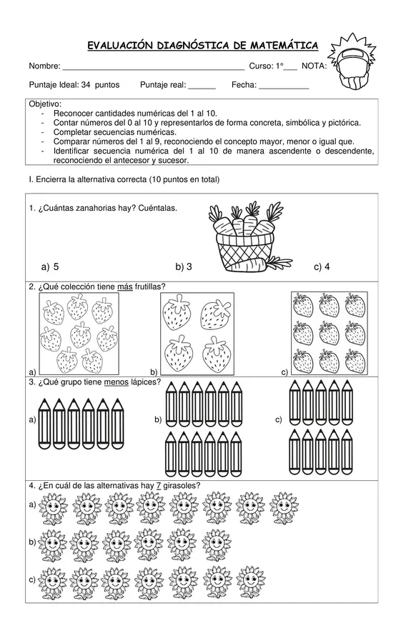 EVALUACIÓN DIAGNÓSTICA DE MATEMÁTICA - primero básico