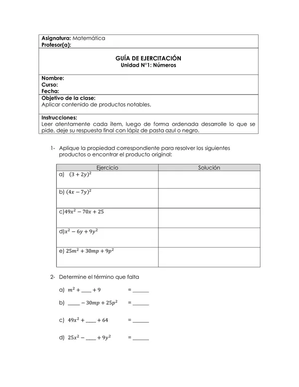 Guía de Ejercitación Matemática NM1 "Resolviendo Productos Notables"