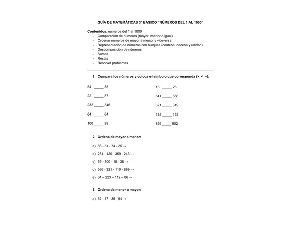 GUÍA DE MATEMÁTICAS "NÚMEROS DEL 1 AL 1000"