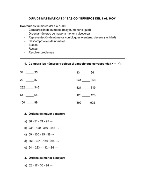 GUÍA DE MATEMÁTICAS "NÚMEROS DEL 1 AL 1000"