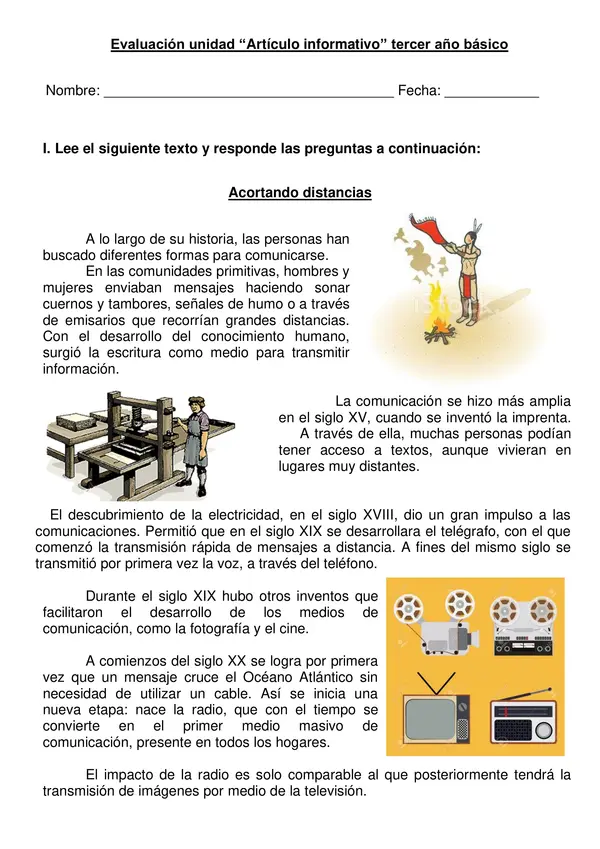 Evaluación artículo informativo tercer año.