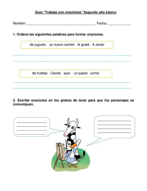 Guía "Trabajemos con oraciones" Segundo año básico.