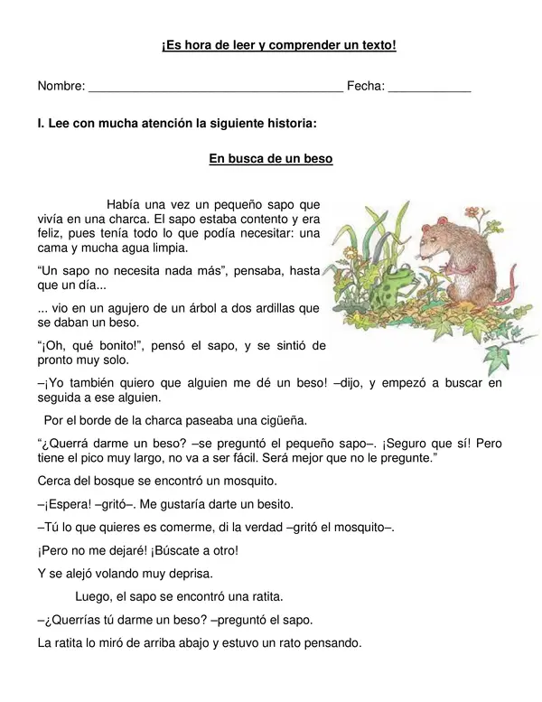 Guía comprensión lectora Texto "En busca de un beso" Tercer-cuarto año.
