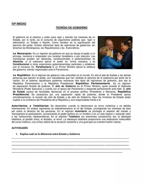 Guia TEORÍAS DE GOBIERNO, CUARTO MEDIO, HISTORIA