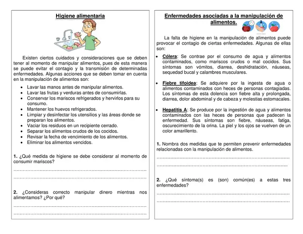 Guía "Higiene alimentaria; Enfermedades producidas por mala higiene" Tercer año.