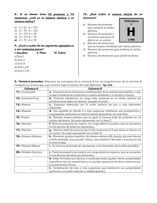 Prueba Clasificación de Materia, Átomos y Tabla Periódica