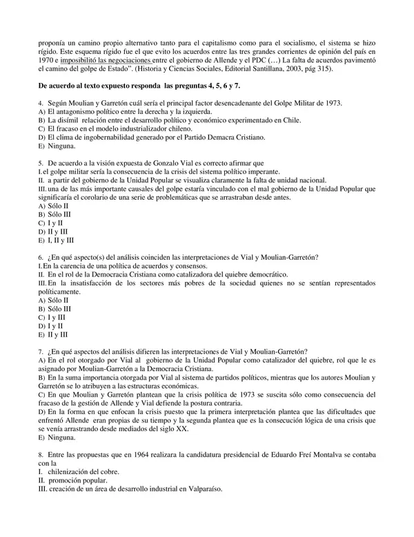 PRUEBA 3° MEDIO  DE LA REVOLUCIÓN EL LIBERTAD A LA VÍA CHILENA AL SOCIALISMO, CON SOLUCION