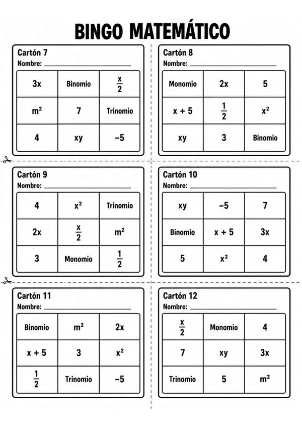 Bingo Matemático: Expresiones Algebraicas | Lenguaje Algebraico | 6º. 7.º 8.º Básico