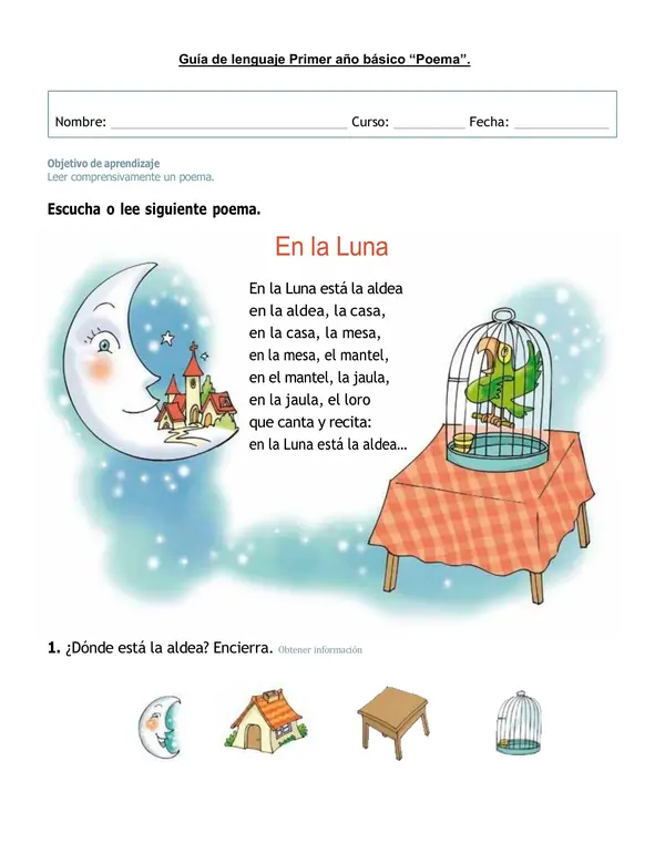 Guía de comprensión lectora primer año básico "Poema"