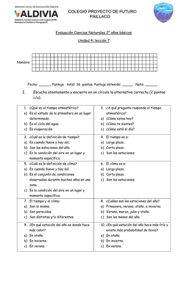 Evaluación ciencias naturales unidad 4 segundo básico