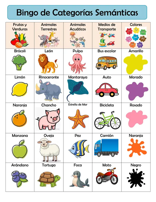 BINGO DE CATEGORÍAS SEMÁNTICAS
