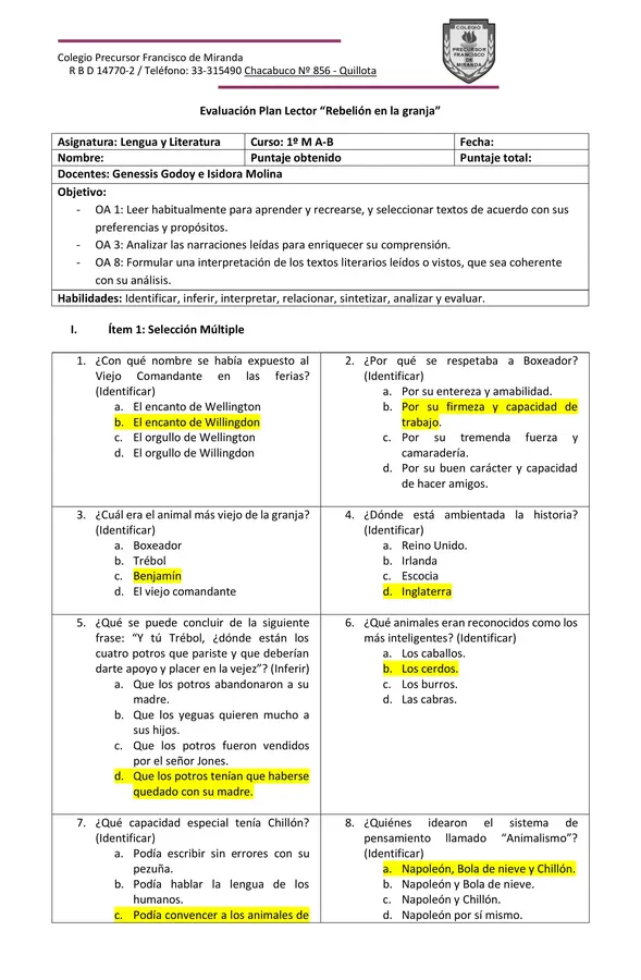 Evaluación Plan Lector "Rebelión en la granja"