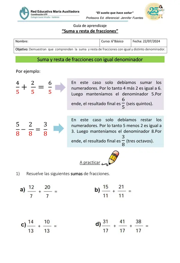 Guía de aprendizaje - suma y resta de fracciones | profe.social