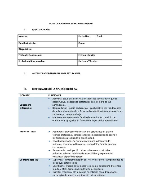 Plan de Apoyo Individualizado (PAI) – Formato Editable y Completo