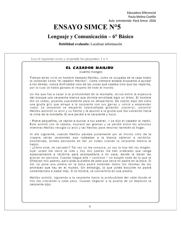 ENSAYO SIMCE N°5 – LENGUAJE 6° BÁSICO