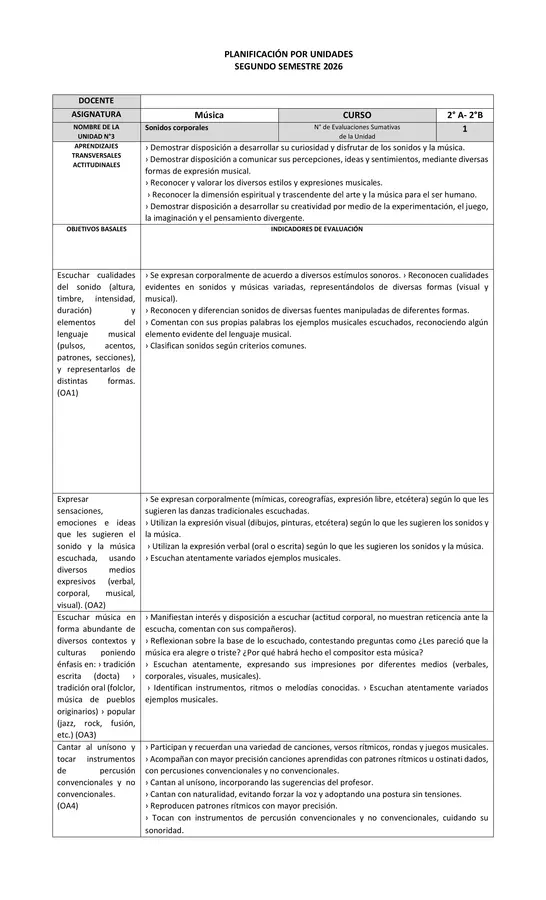 Planificación música Unidad 3 y 4. Segundo Básico.