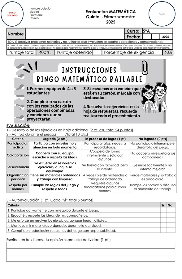 Evaluación Matemática 5° Básico: Resolución de Problemas con las Cuatro Operaciones