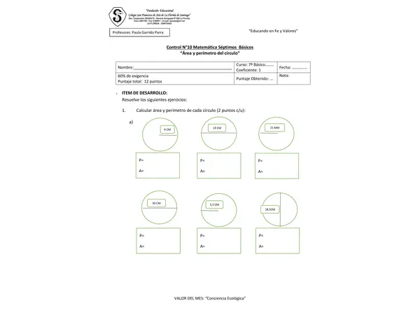 Control Área y Perímetro del círculo