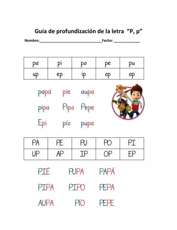 Guia de profundizacion de la letra  P p, PRIMERO BASICO, LENGUAJE