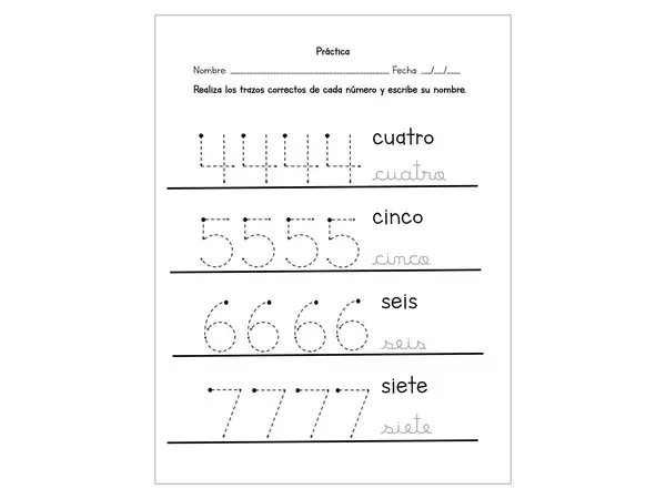 Actividad para reforzar el trazo de los números del 4 al 7 y la escritura de su nombre.
