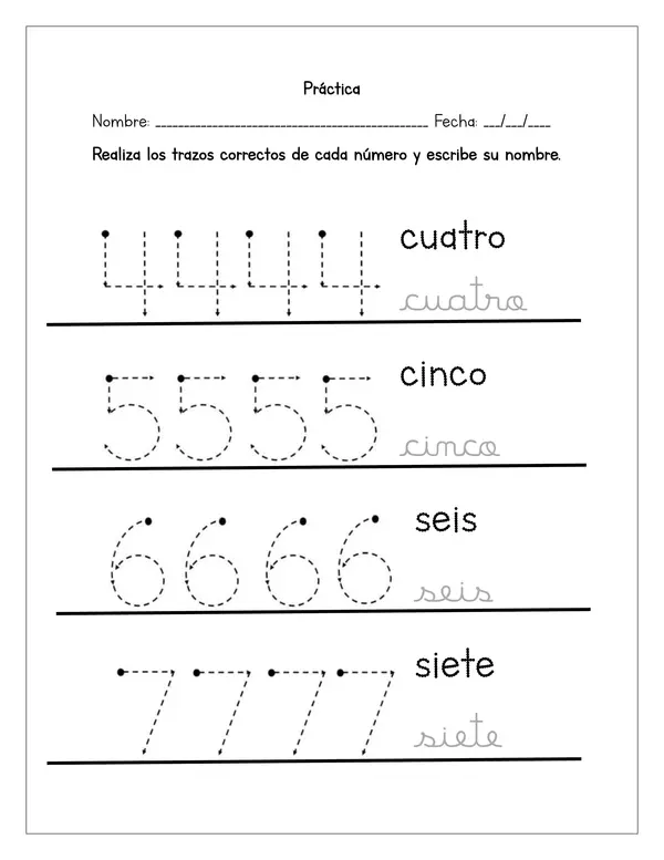 Actividad para reforzar el trazo de los números del 4 al 7 y la escritura de su nombre.