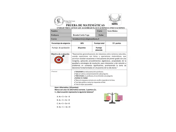 Evaluación MAEMATICAS ECUACIONES