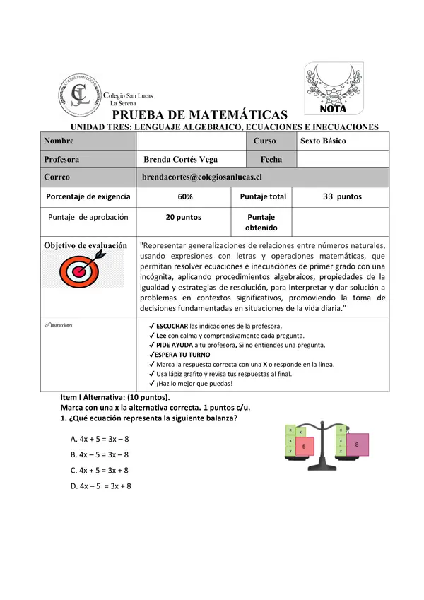 Evaluación MAEMATICAS ECUACIONES