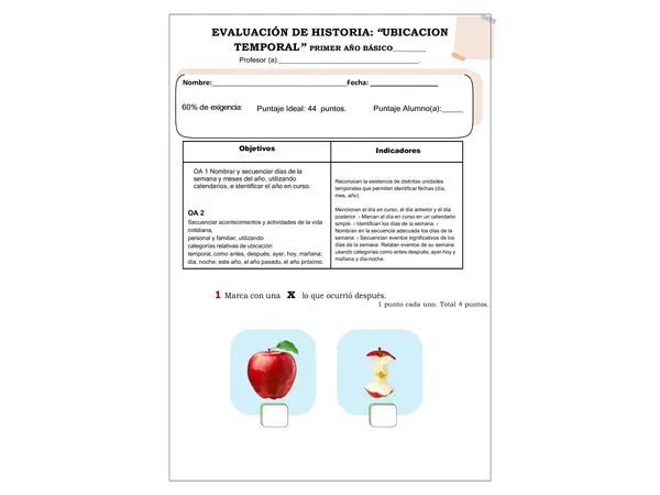 Prueba de Historia "Ubicación temporal" Primero Básico EDITABLE
