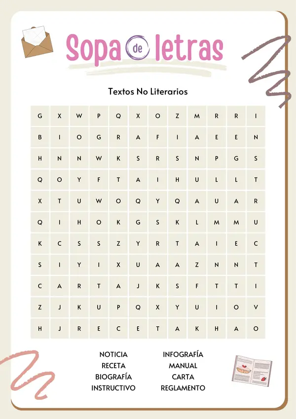Sopa de Letras Textos Literarios y No Literarios