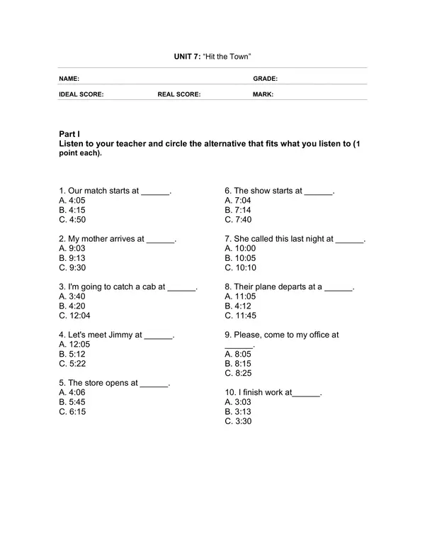 Evaluacion de Ingles 6 Basico: Hit the Town