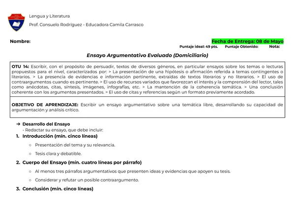 RÚBRICA ENSAYO ARGUMENTATIVO EVALUADO