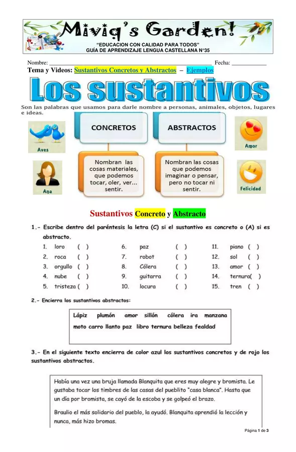 Sustantivos comunes y propios  Ejercicios de sustantivos, Recursos de  enseñanza de español, Sustantivos concretos y abstractos