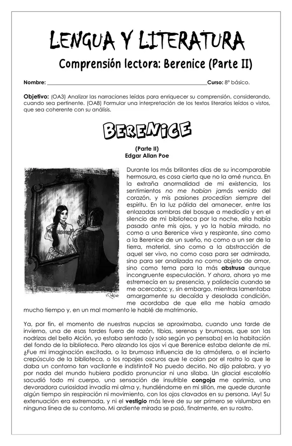 Guía de trabajo - Comprensión lectora Berenice (parte II) - 8° (Lengua y literatura)