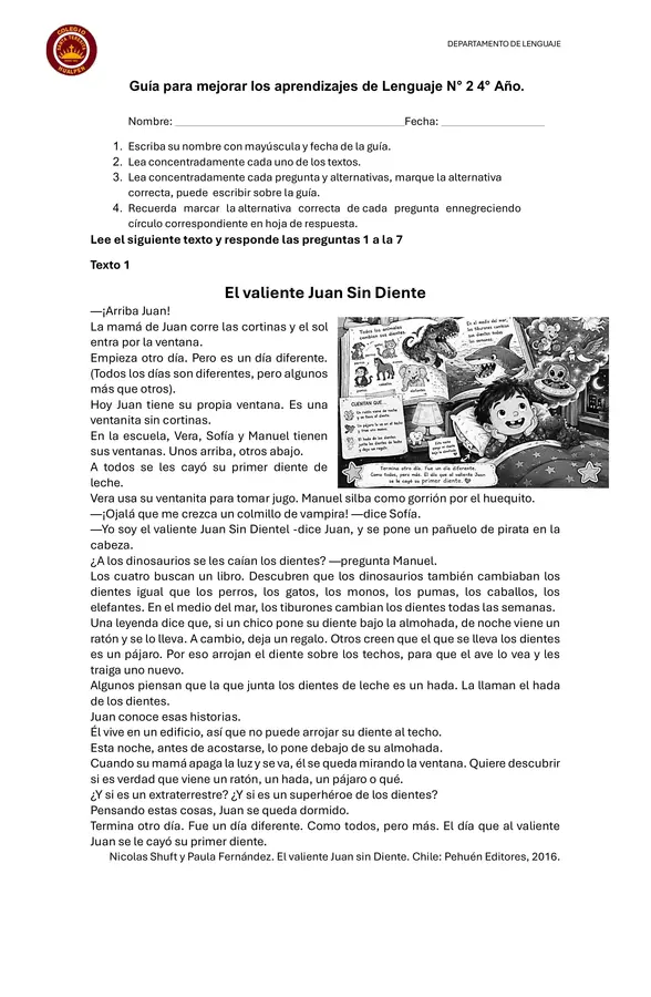 Guía de comprensión de lectura 4°