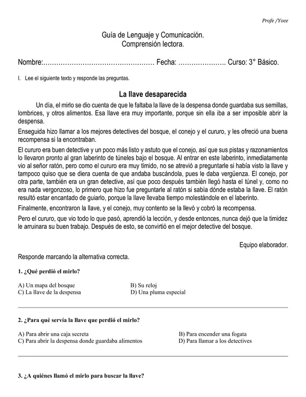 Comprension lectora / La llave perdida.
