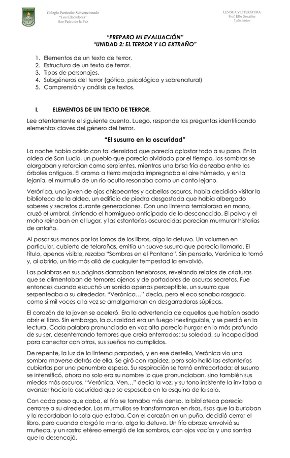 7° PREPARO MI EVALUACIÓN: EL TERROR Y LO EXTRAÑO 
