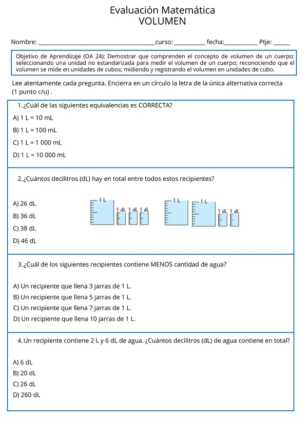 Prueba Volumen Matemática 4to básico 
