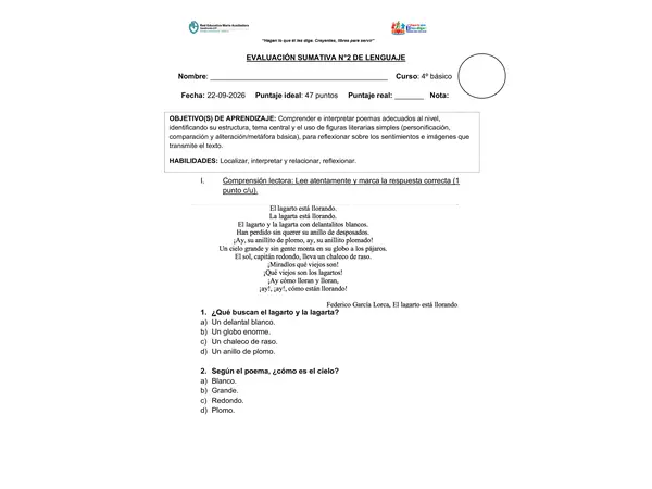 Evaluación poema 4°