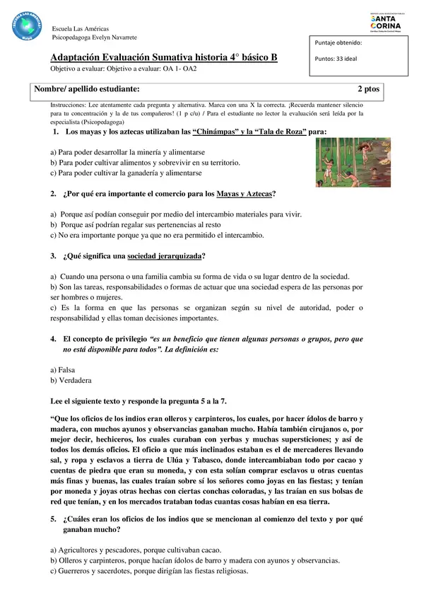 "Evaluación Historia Mayas y Aztecas"