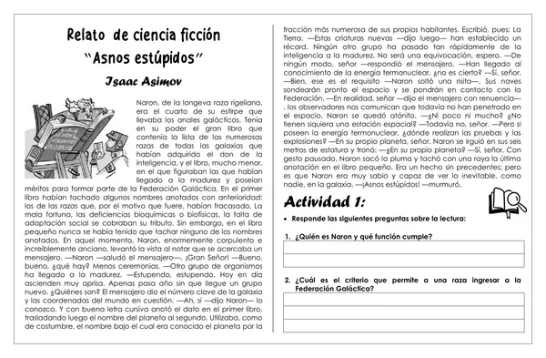 Guía de trabajo - relato de ciencia ficción "Asnos estúpidos"
