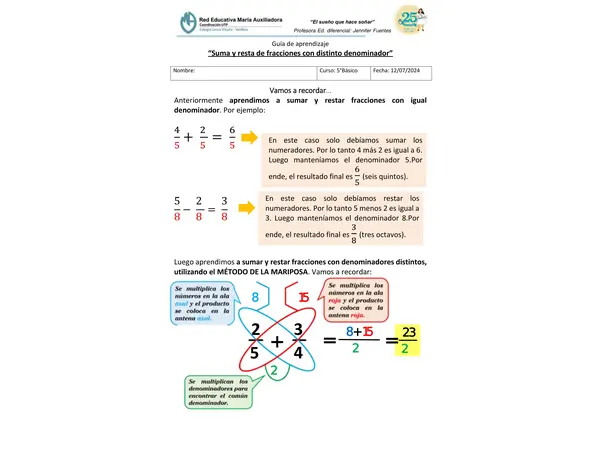 guía de aprendizaje "SUMA Y RESTA DE FRACCIONES CON DENOMINADORES DISTINTOS"