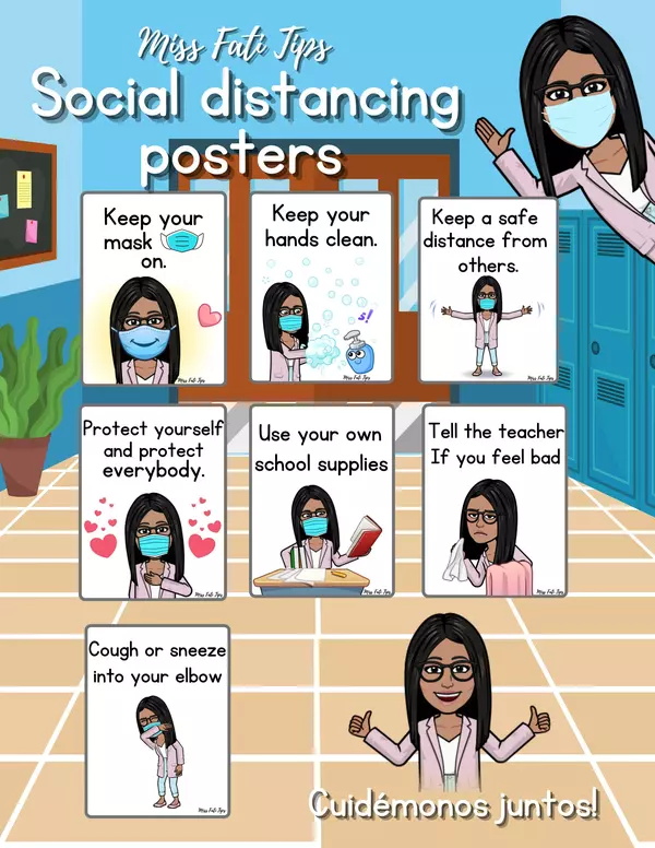 Posters sobre indicaciones de distanciamiento social en Inglés