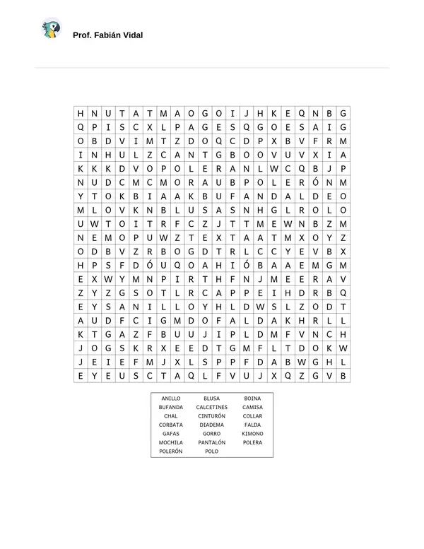 Sopa de letras (Prendas de vestir)