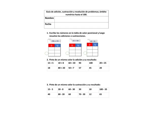 Guía adición, sustracción, resolución de problemas de 0-100.
